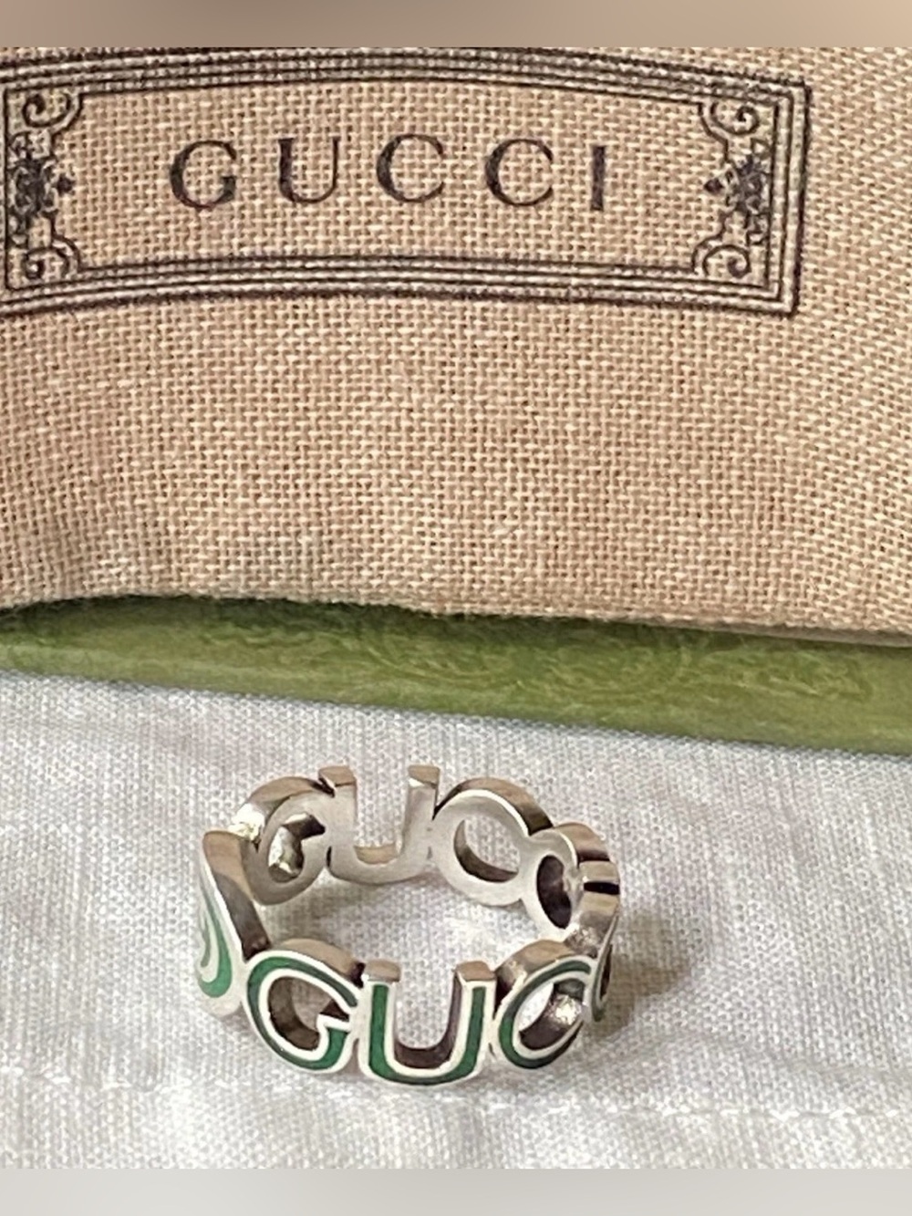 Gucci Interlocking Sterling Silver Green Enamel 9mm Ring It Sz 19 US 8.75  $360 - Picture 8 of 13
